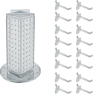 Azar Displays 700220-CLR-2C16 Four-Sided 4”W x 12” Revolving Pegboard Tower Kit Counter Display with 16-Pack of 2 inch Locking Hooks, Clear