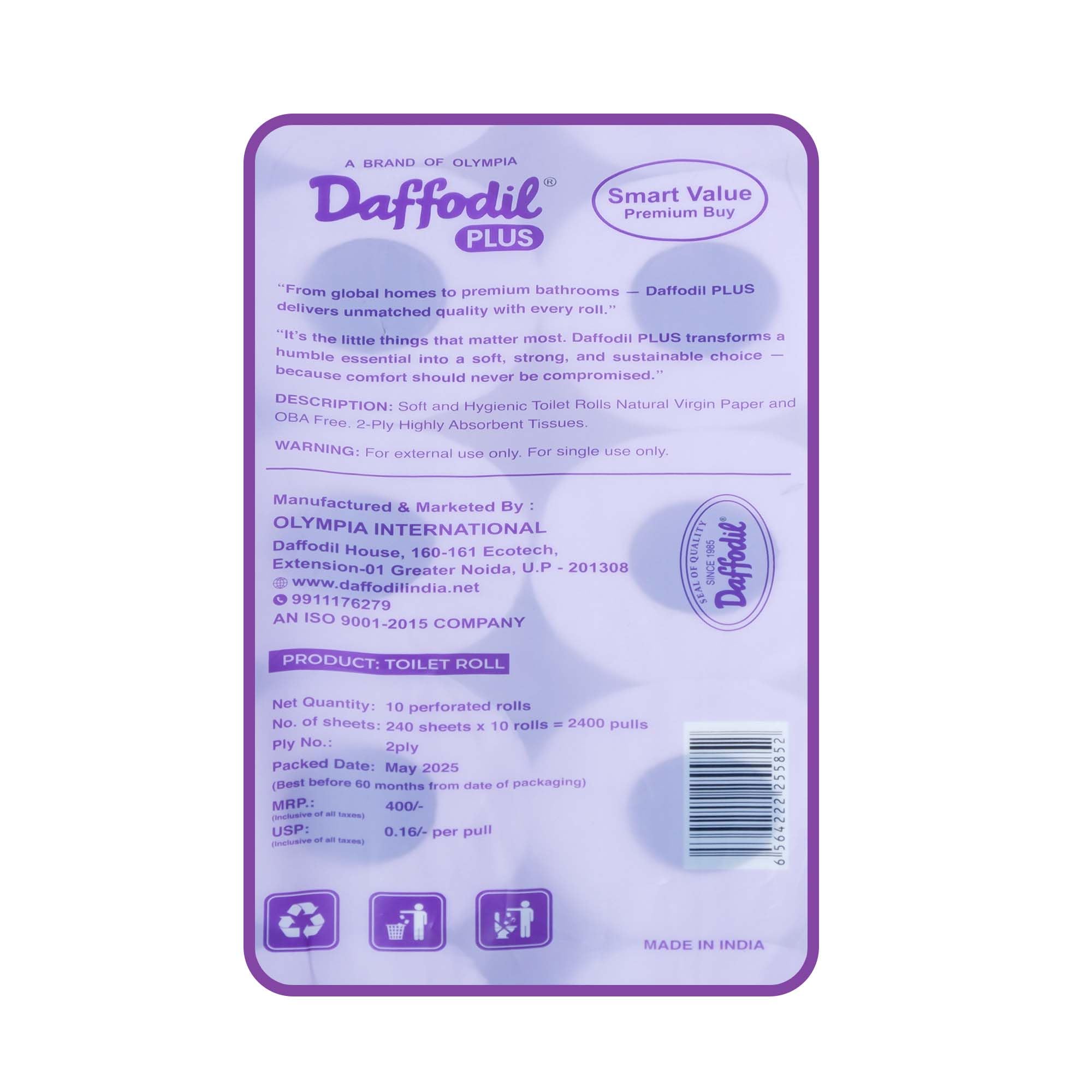 DAFFODIL 2 ply Toilet Tissue paper-10 rolls/packs (240 pulls per roll, 2400 pulls, 4800 sheets) UltraSoft Toilet Paper Roll, Strong and Long Lasting for Home or Office Use. - Image 8 thumbnail