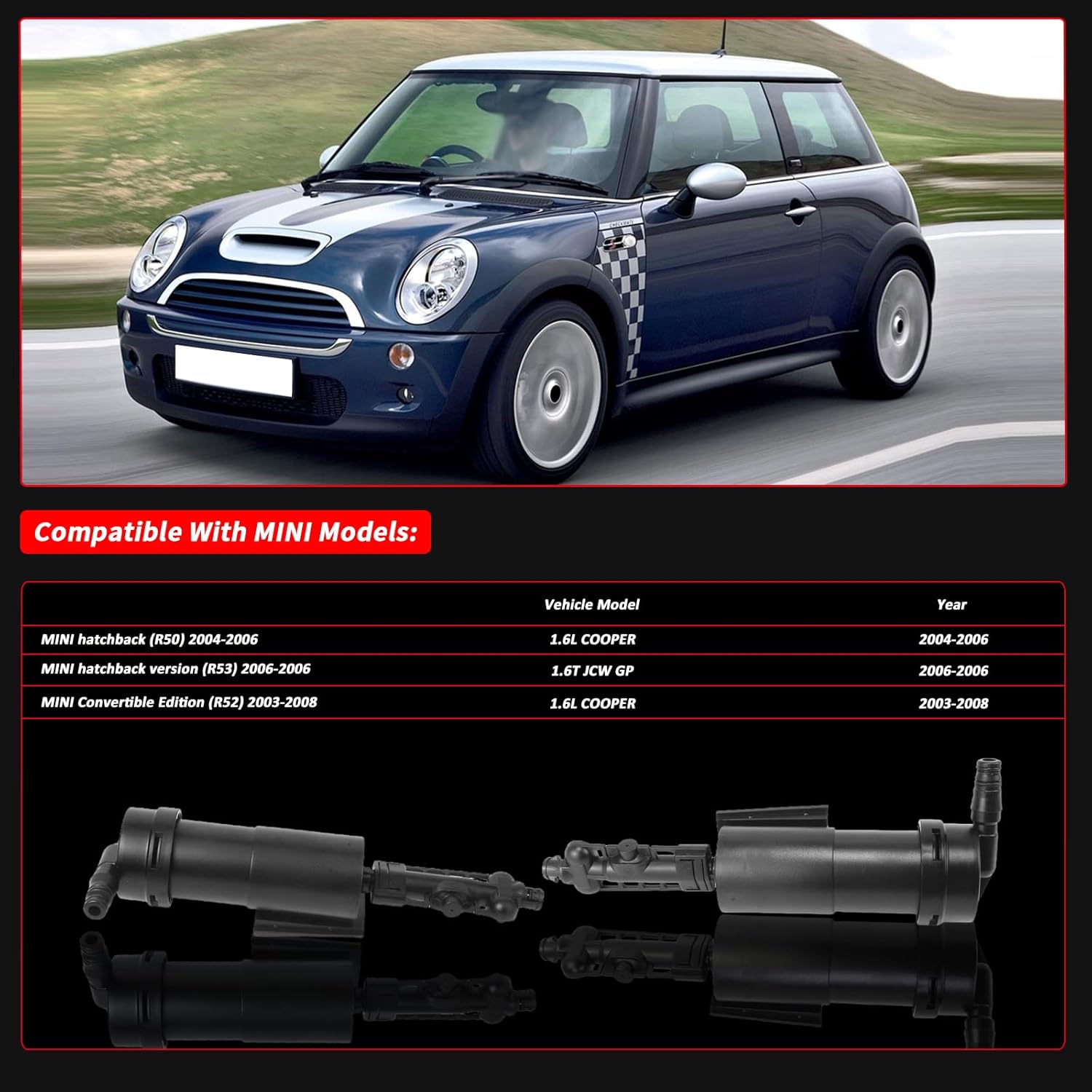 Left+Right Headlight Headlamp Washer Jet Nozzle Swap 2001-2008 For Mini Cooper R53 R50 Replacement number# 61677147047,61677147046 (Headlamp nozzle L+R)