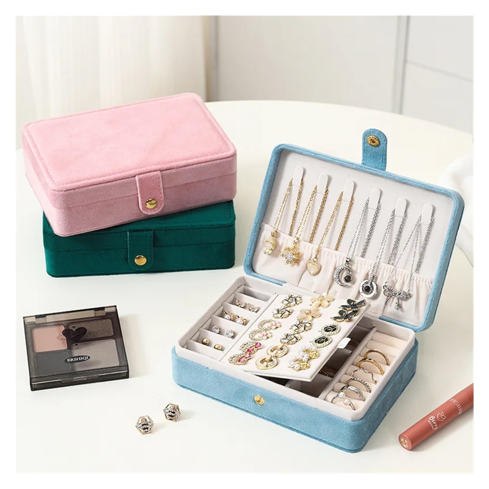 YDYDTTKD Joyero de Viaje para Mujer, Collar de Cuero PU, Pendiente, Anillo, Vitrina de joyería, Organizador, Caja de Almacenamiento multifunción (Rosa)