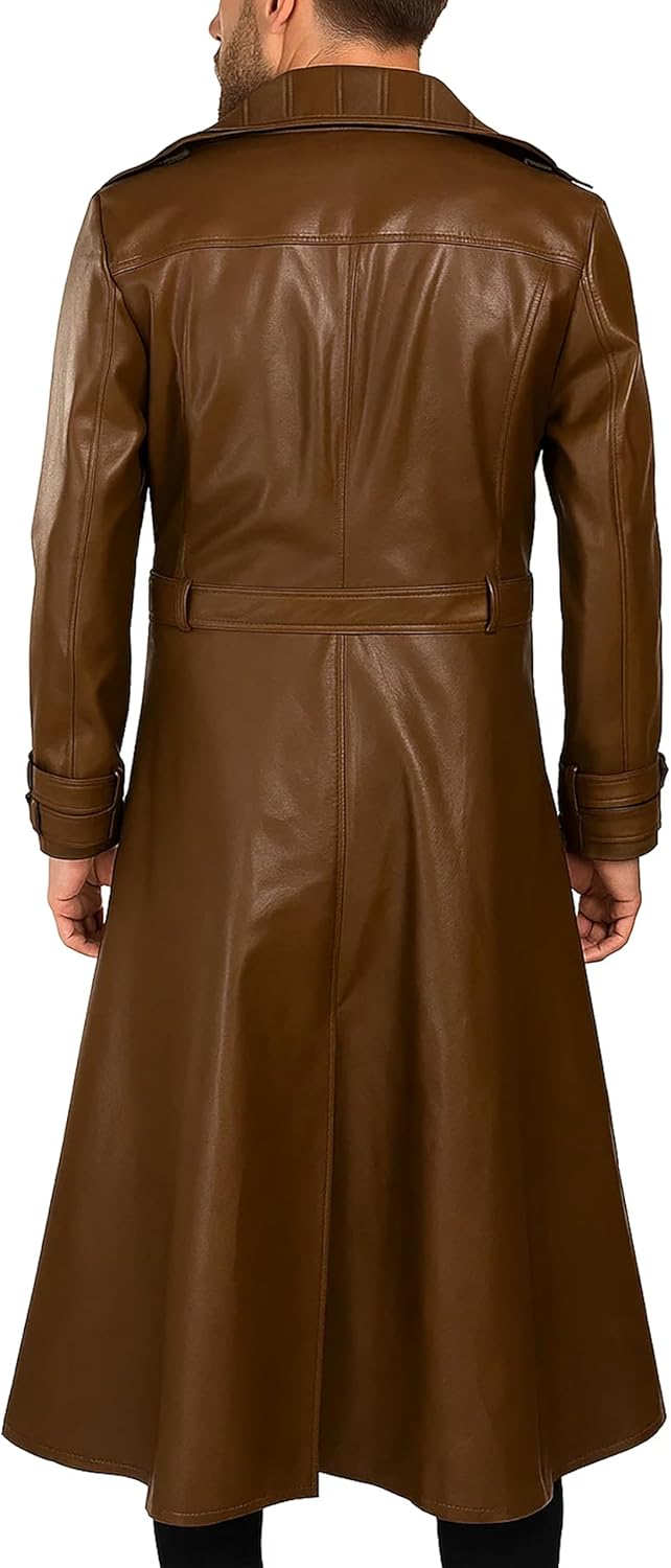 Men’s Brown Lambskin Leather Trench Coat Long Length Duster Jacket Available in Real and Faux Leather