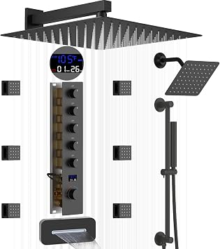 Shower Faucet Set Full Body Shower System with Body Jets | Matte Black Shower System with Tub Spout and Slide Bar Handheld Sprayer, Digital Shower System