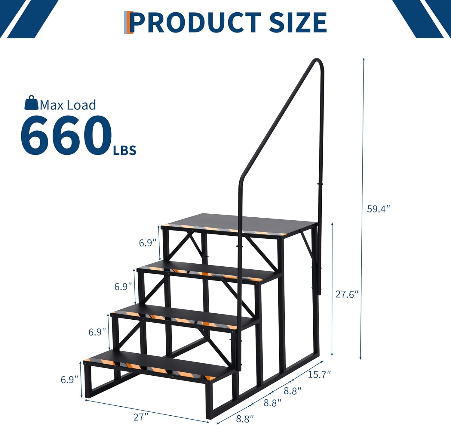 RV Steps with Handrails, 4 Step RV Stairs 660 Lbs Load Capacity,Portable Stairs Steps Steel Travel Trailers Ladder Step Ladder with Anti-Slip Panel, Mobile Home Stairs for Travel Trailers