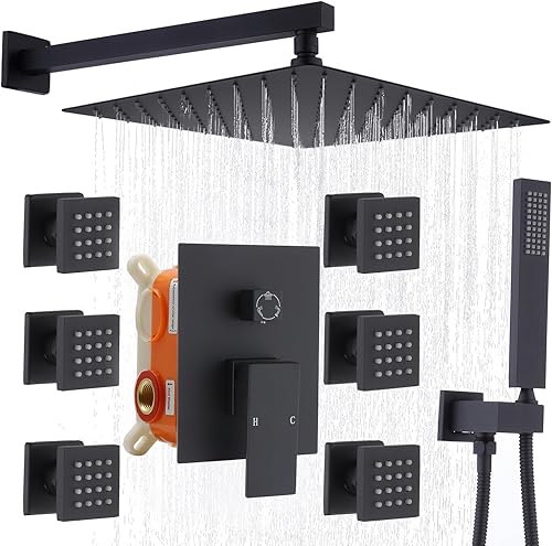 Miniatura 101 de Enga Sistema de ducha de lluvia de oro cepillado con chorros corporales, sistema de chorros de ducha de lluvia de 12 pulgadas, juego de grifo de Oro