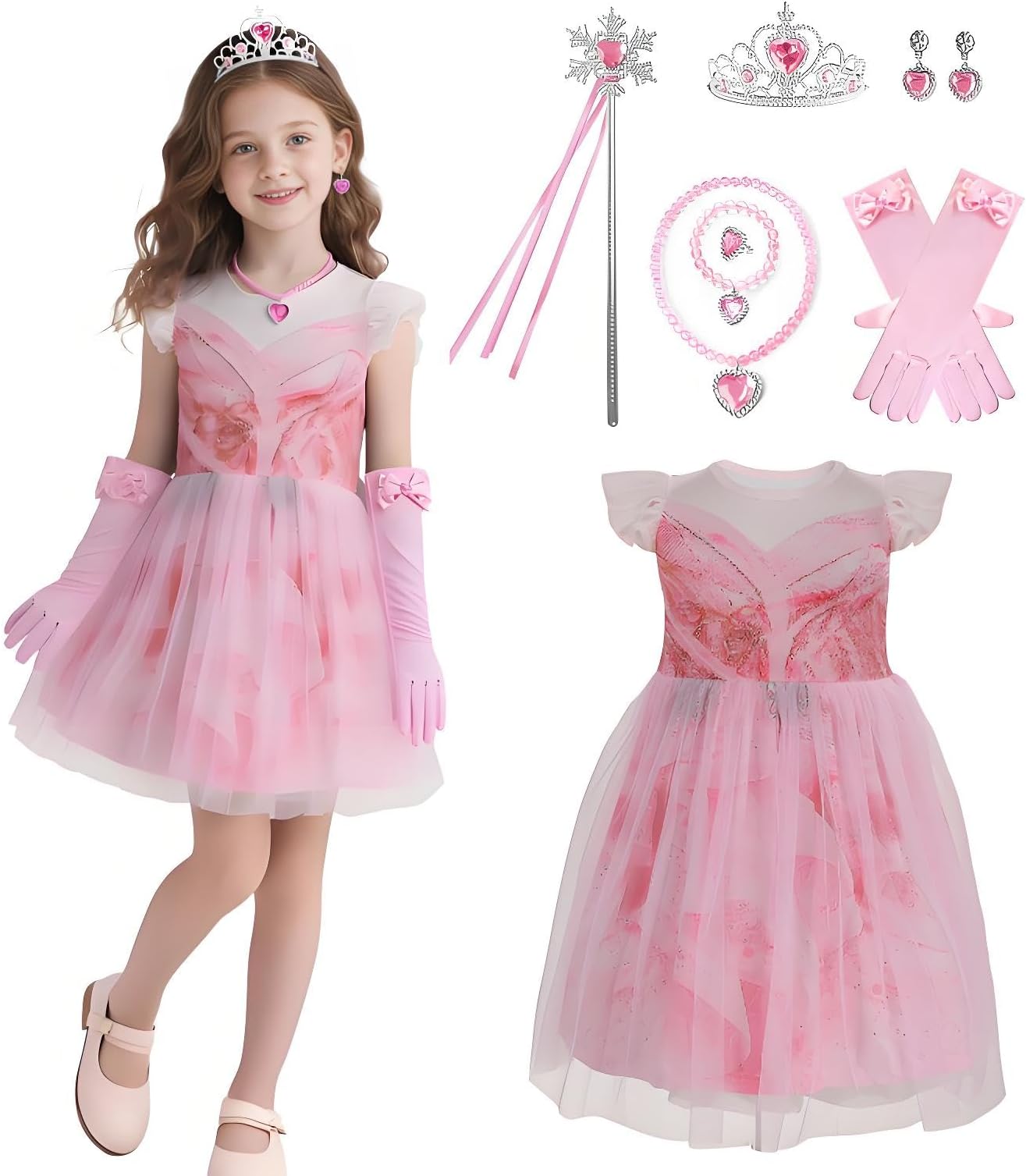 – Girls Princess Costume Glinda Witch for Kids Halloween Pink Witches Tulle Dress Outfits with Wand Crown Accessories