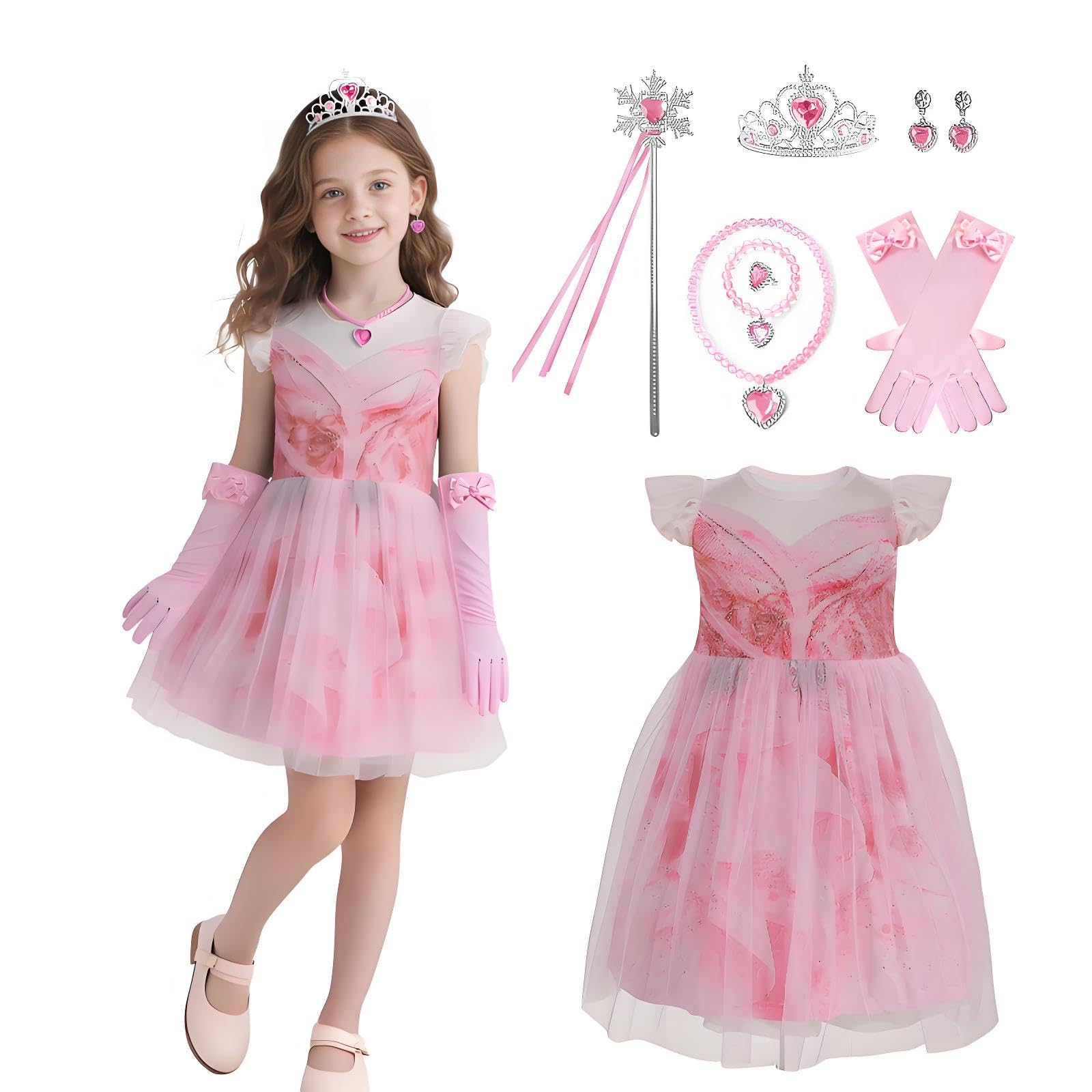 Zophlly Girls Good Witch Costume for Kids Pink Witches Tulle Dress Princess Sequins Outfits with Accessories (Pink Witch, Large)