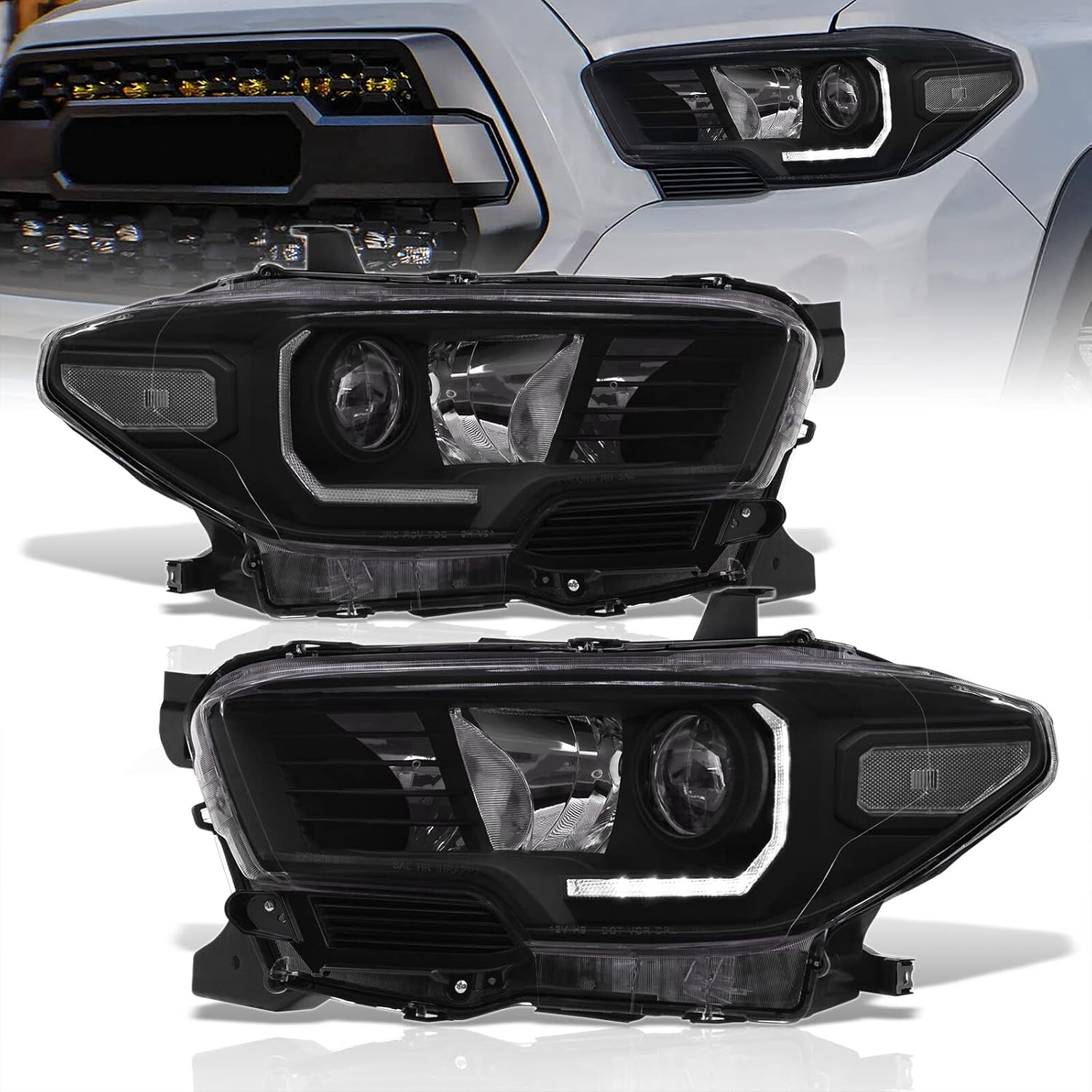 AJP Distributors LED DRL Projector Headlights Lamps Housing Reflector Assembly Left Right Pair Compatible/Replacement For Tacoma Pickup 2016 2017 2018 2019 2020 2021 2022 2023 16 17 18 19 20 21 22 23
