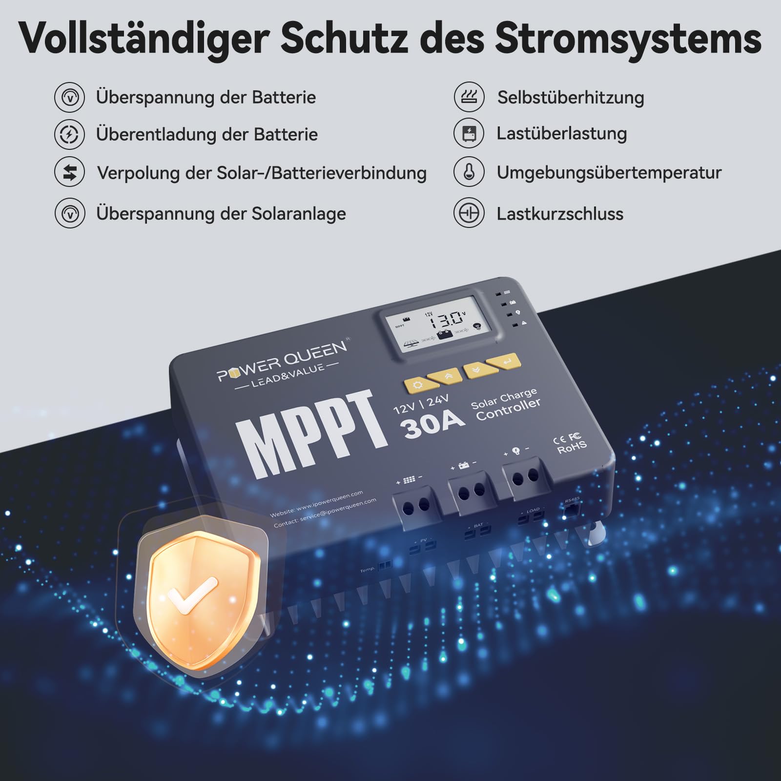 Power Queen 12/24V 30A MPPT Solarladeregler, Max 900W Eingangsleistung, eingebautes Bluetooth Modul, LCD Display, Standard für LiFePO4 Batterie und kompatibel mit versiegelten, Blei-Säure Batterien