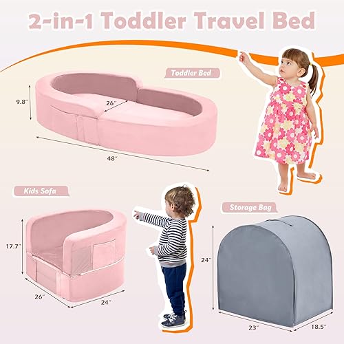 Miniatura 3 de QUCHI Cama de viaje para niños pequeños, cama portátil para niños pequeños, sofá plegable 2 en 1 de viaje, cuna de espuma suave con funda lavable,
