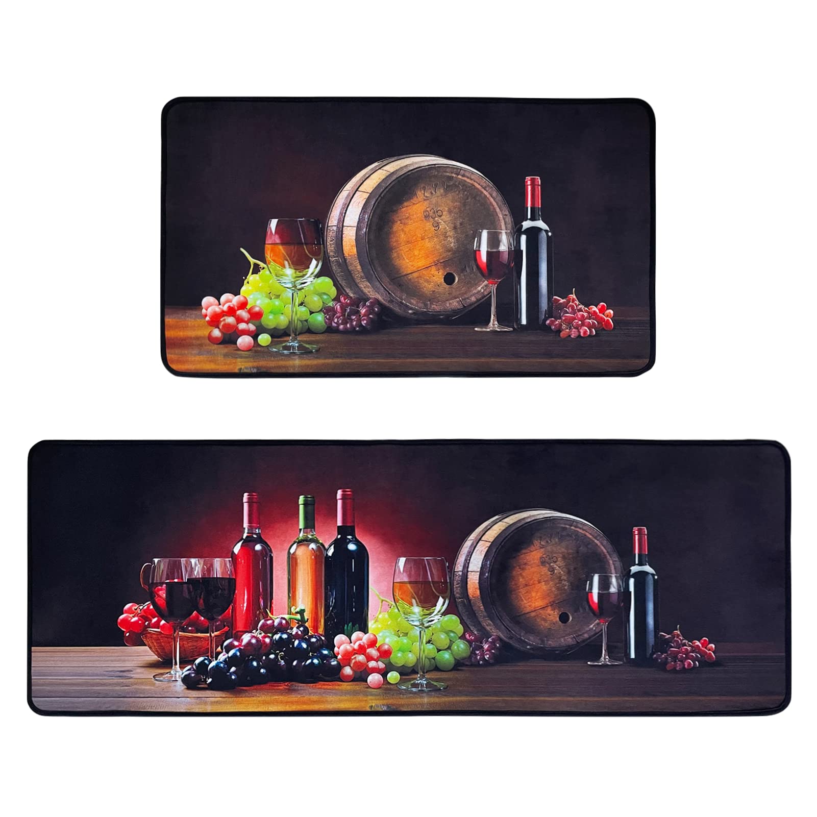 Voanos Kitchen Rugs,Non Skid Washable Microfiber mats for Kitchen Floor,3D Wine Kitchen Cushioned Runner Rug Decor Sets of 2,Size 17"x 47"+17"x 30"