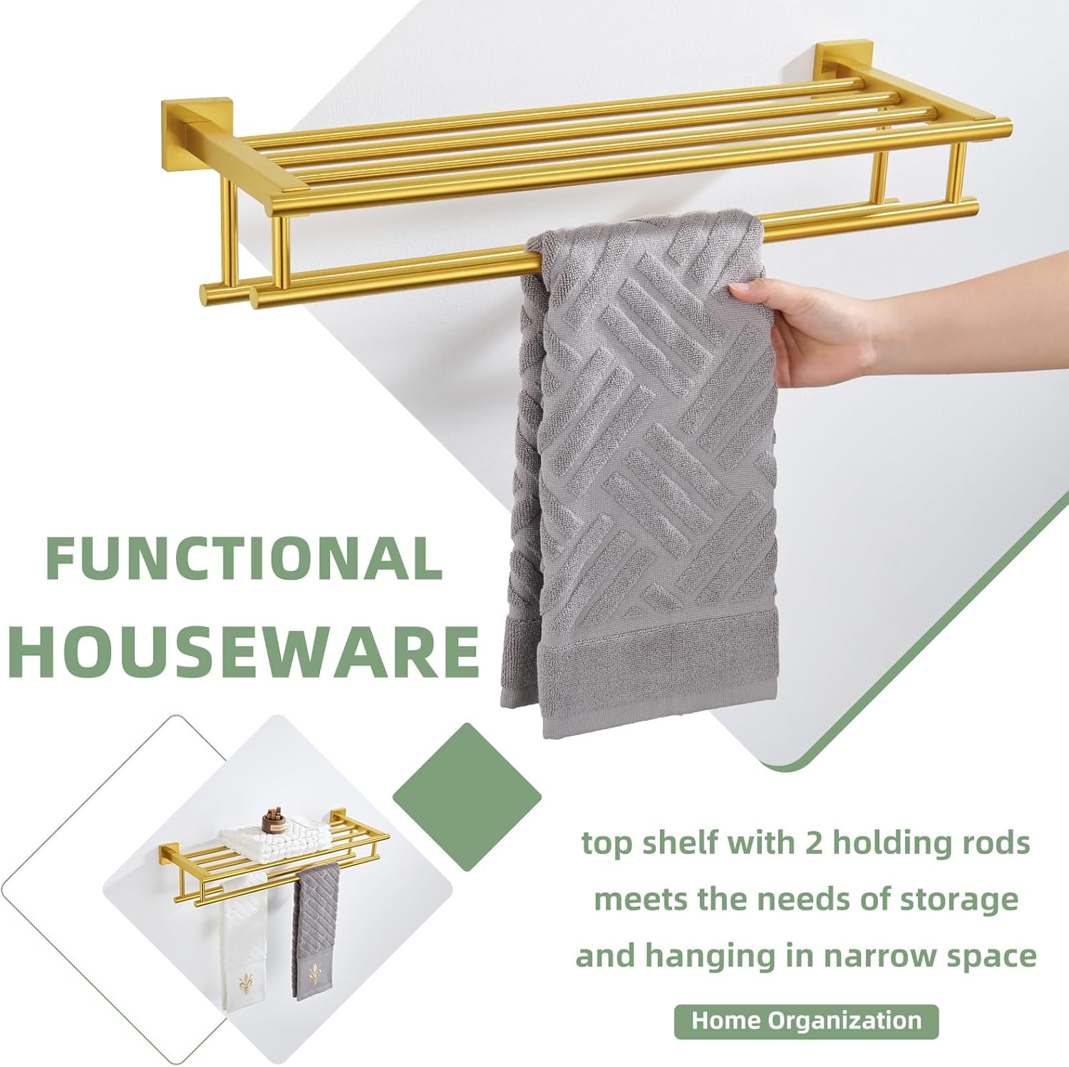 Angle Simple Towel Rack with Holder for Bathroom, SUS 304 Stainless Steel Wall Bath Towel Shelf with Double Bar, Brushed Dark Gold, 23.62 Inches