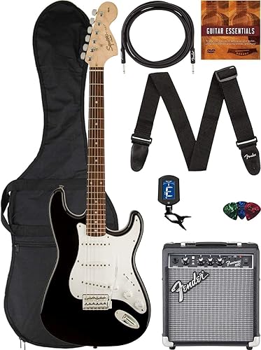Miniatura 14 de Paquete Fender Squier Affinity Stratocaster Edición Limitada con amplificador Frontman 10G, estuche, cable de instrumento, correa, púas y DVD