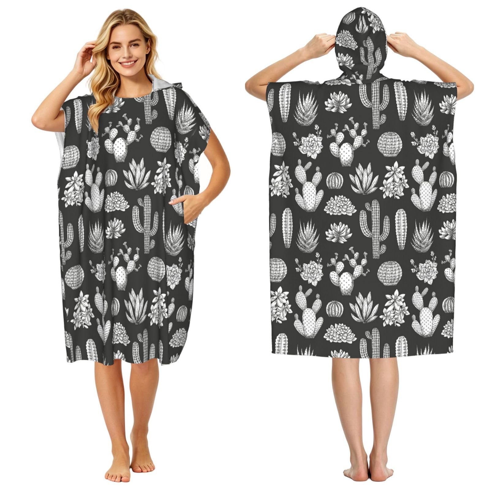 Poadnly Cactus Printing, Adult Hooded Beach Towel 90 x 110 cm,Changing Bath Robe, Surf Poncho Towel For Women Men