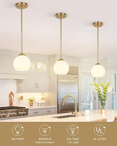 Miniatura 2 de Emak PL119-GD-ML-2PK - Lámpara colgante de globo de 7 pulgadas con pantalla de vidrio de leche, 1 luz colgante para isla de cocina, baño, comedor,