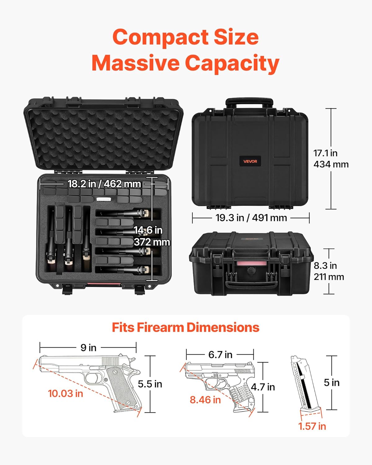 VEVOR Hard Pistol Case, Holds Multiple Pistols & Magazine, Hard Gun Case with Pre-Cut XPE Foam Lining, Waterproof Firearm Travel Case with Handle for Gun, Lenses, Camera, Gear, TSA Compliant