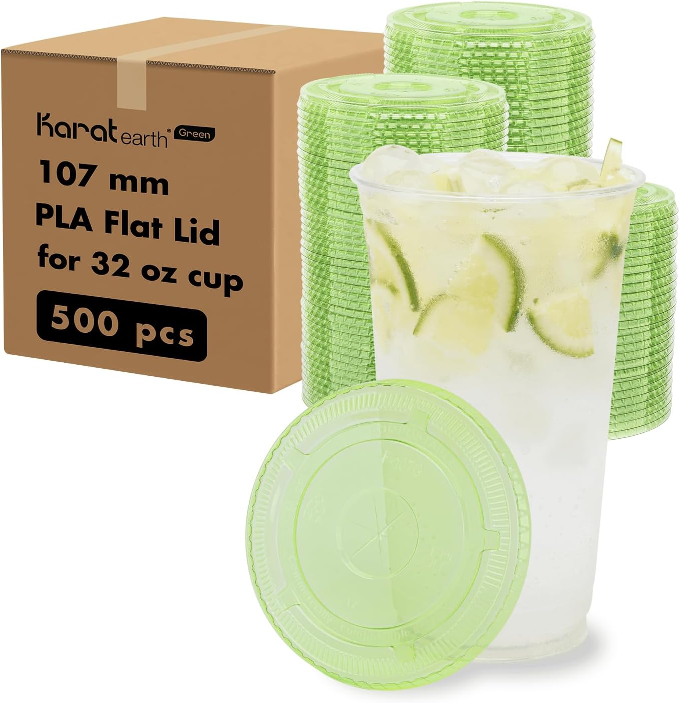 Karat Earth 107mm PLA Flat Lids for 32oz Cold Cups, BPI Certified Lids – 500 Count