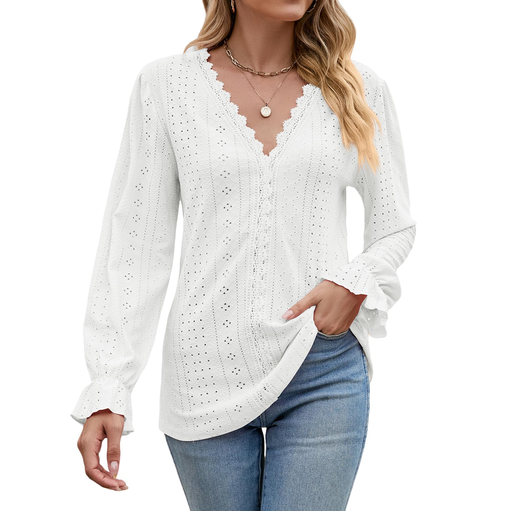 Atxnn Mujer Blusa Elegantes de Encaje Camiseta con Cuello en V Camisa Casual de Manga Larga Tops con Ojales de Fiesta