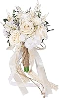 CEWOR Artificial Wedding Bouquet for Bride Bridesmaids - White Champagne Roses Hydrangeas 7.5in Silk Flowers