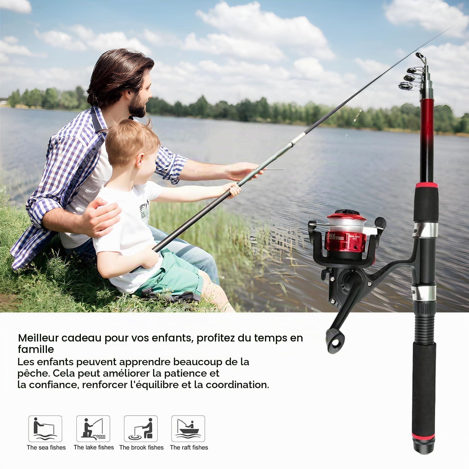 Kit de pêche complet pour enfants de 3 à 10 ans avec moulinet, leurres et sac de transport, 1,5 m