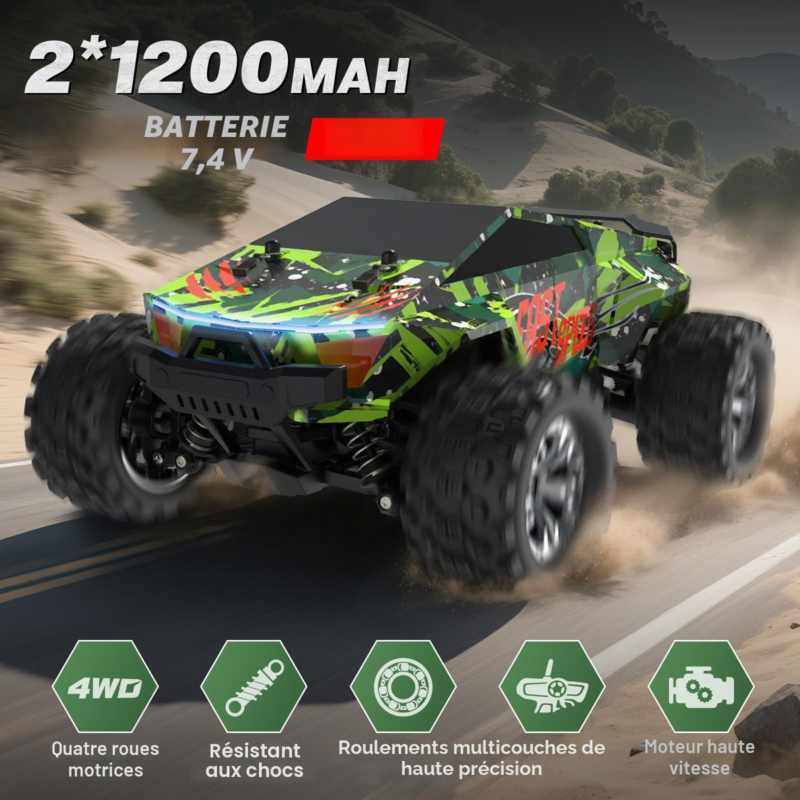 Voiture télécommandée Tout-Terrain à l'échelle 1:18, véhicule électrique 4x4 Haute Vitesse à 40 km/h avec télécommande 2,4 GHz, Camion 4x4 avec Deux Batteries Rechargeables garçons de 8 Ans+