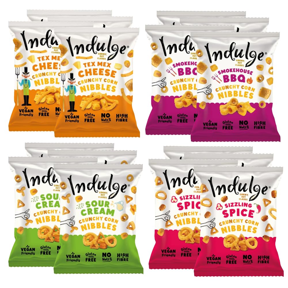 Indulge - Crunchy Corn Nibbles - Variety flavour - Gluten Free, Nut Free, Low Salt, Vegan- 20g x 16 bags (Variety Box) (20g (Pack of 16), Variety Box)