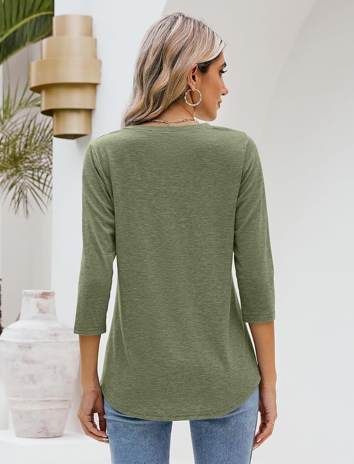 Sherosa Womens V Neck 3/4 Sleeve T Shirts Loose Fit Shirts Casual Solid Basic Tops Tees Blouses - Image 3