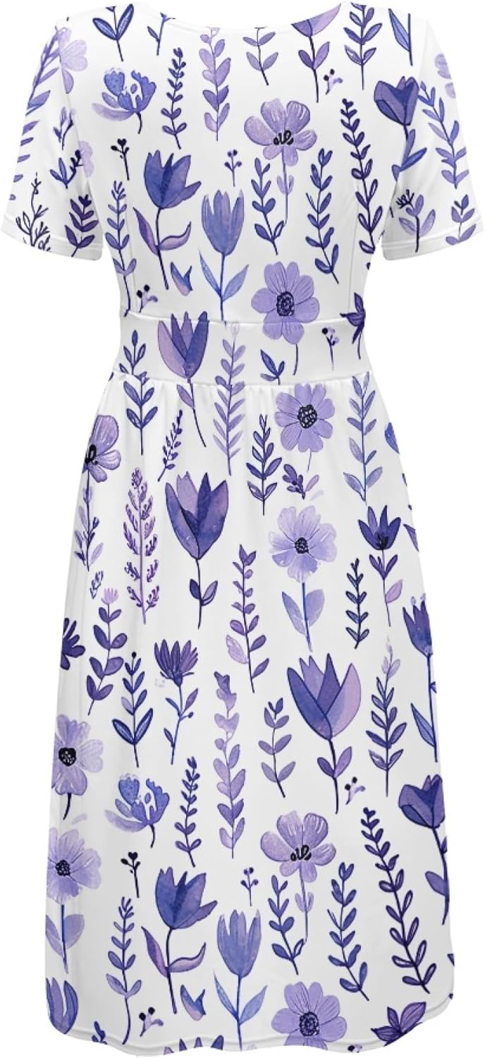 Women 2025 Floral Print Dresses Short Sleeve V Neck Empire Waist Mini Casual Dress Swing Flowy Sun Dress - Image 4