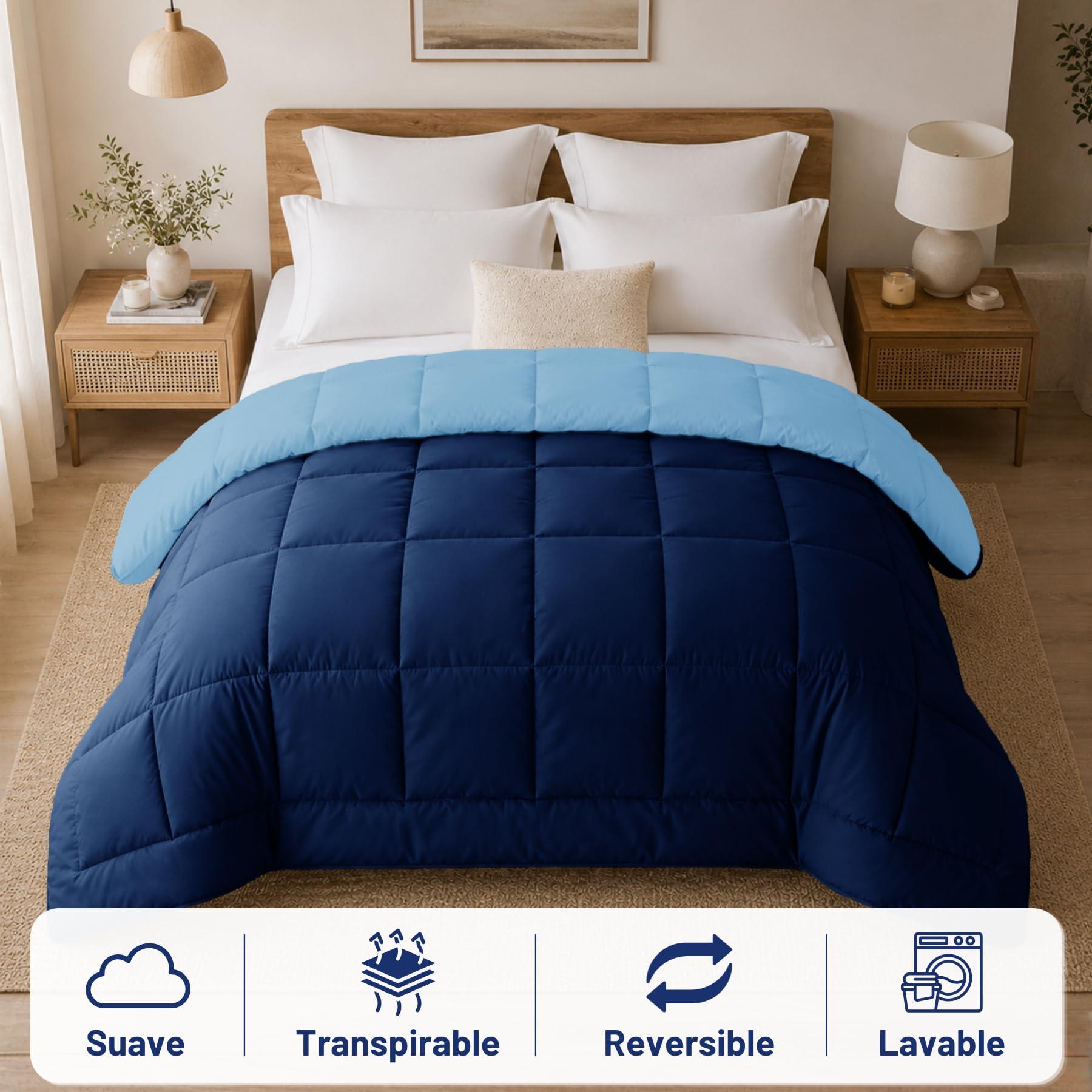 DALINA Edredón de Fibra para Cama 135, 220 x 220 cm, 300gr/M², Azul | Relleno Nórdico 100% Poliester, Doble Cara Comfortable, Suave, Transpirable, Grueso