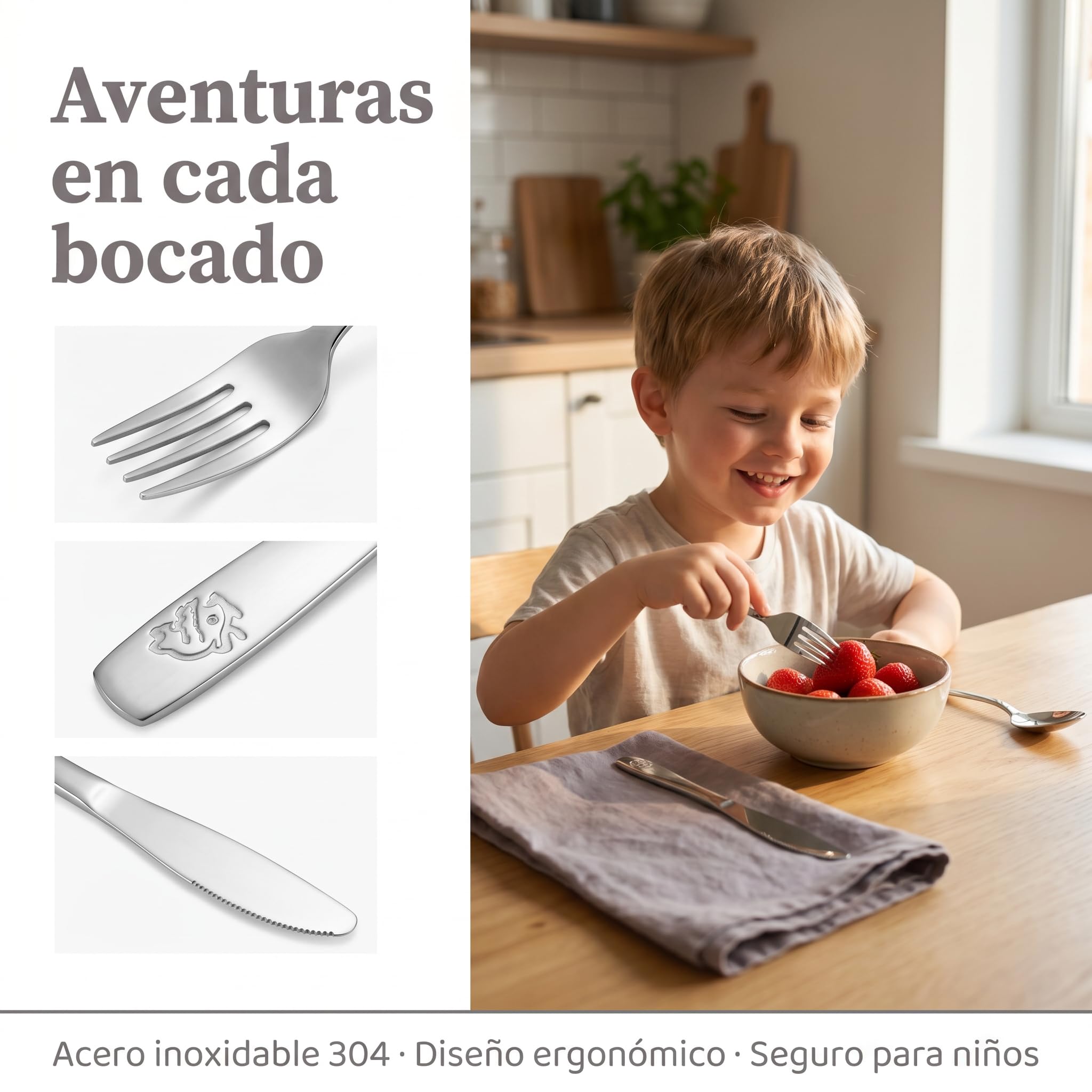 Cubiertos Infantiles Personalizados con nombre grabado, Set de Cubiertos Infantiles en Acero Inoxidable con Personalización.
