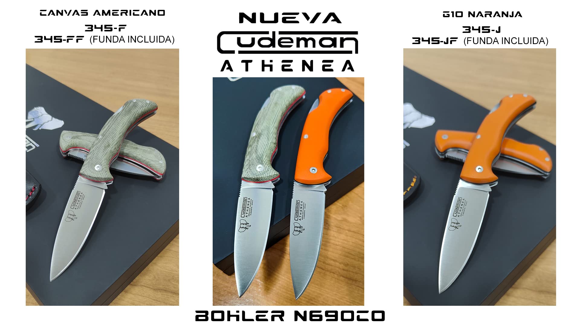 Cudeman Navaja Athenea 345-F con hoja de acero Böhler N690-Co de 8 cm y empuñadura de micarta canvas verde con separador rojo + portabotellas de regalo (Sin funda)