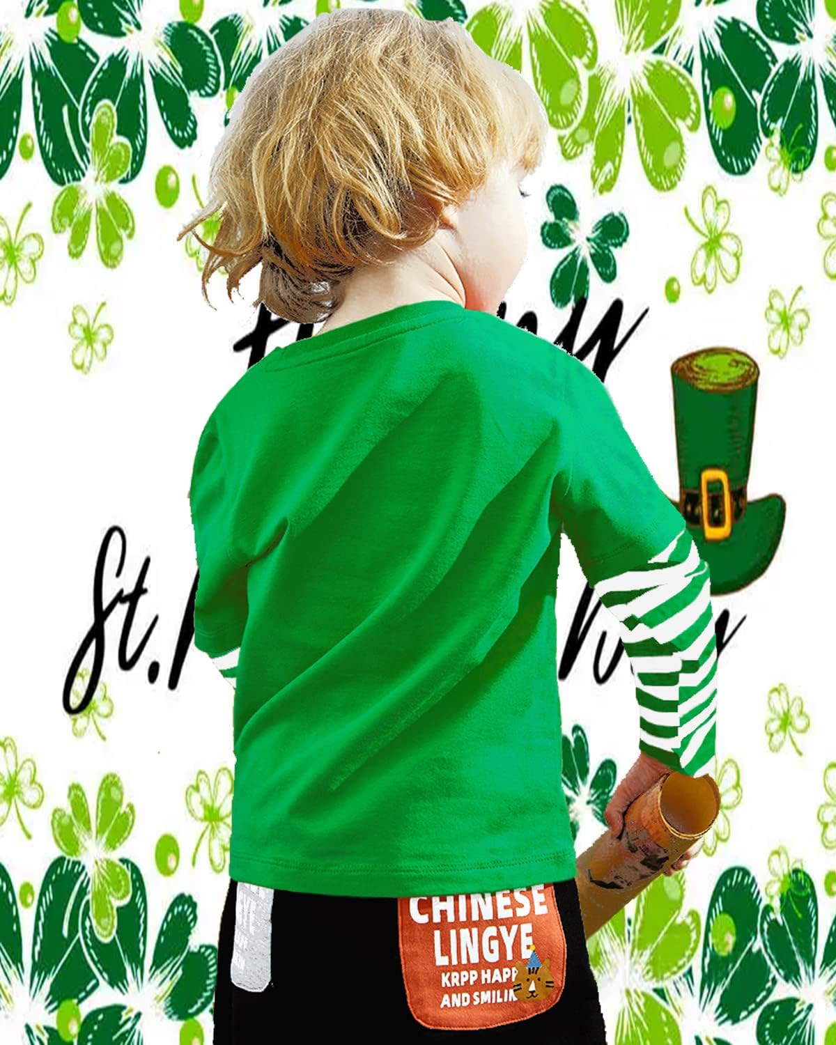 CM-Kid Toddler Boy Girl St Patricks Day Shirts Clover Shamrock Stripe Sleeve Irish Tshirt for Kids Green Tee Tops 2-7 Years - Image 3