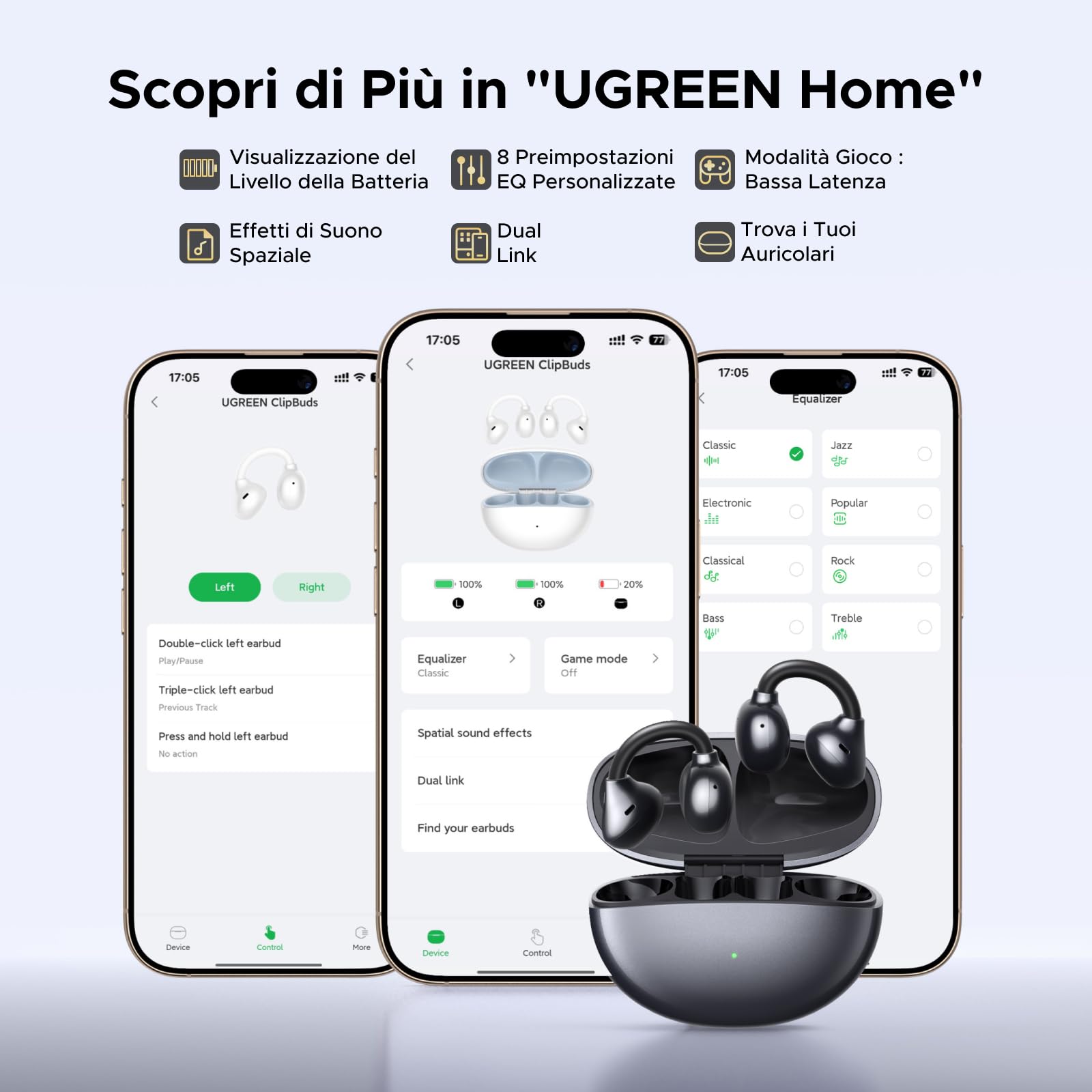 UGREEN HiTune Clipbuds Cuffie Senza Fili Bluetooth 6.0 con Clip Apertura Orecchio Riduzione del Rumore con ENC AI 4 Microfoni Personalizzazione APP 30H Riproduzione Ricarica Rapida USB C IPX5 Nero