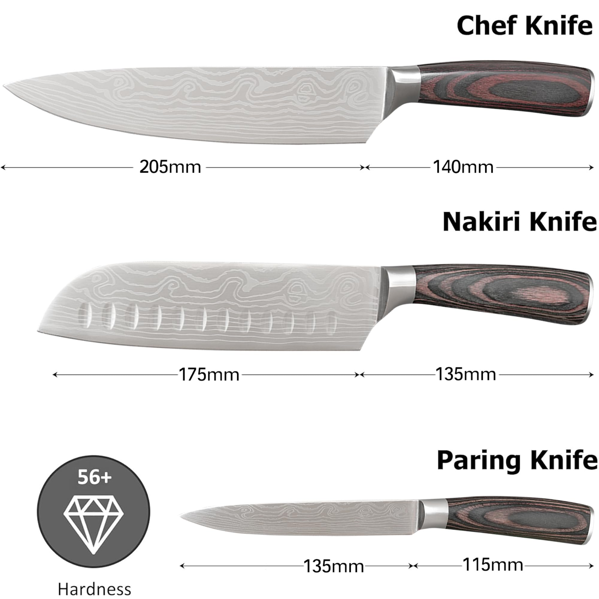 3 Piece Set of Professional Chef Knives, Forged From High Carbon Stainless Steel, with Extremely Sharp Blades and Ergonomic wooden Handles to Meet Various Cutting Needs (Kitchen Knife Set 3 Pcs) — Amazon image 4