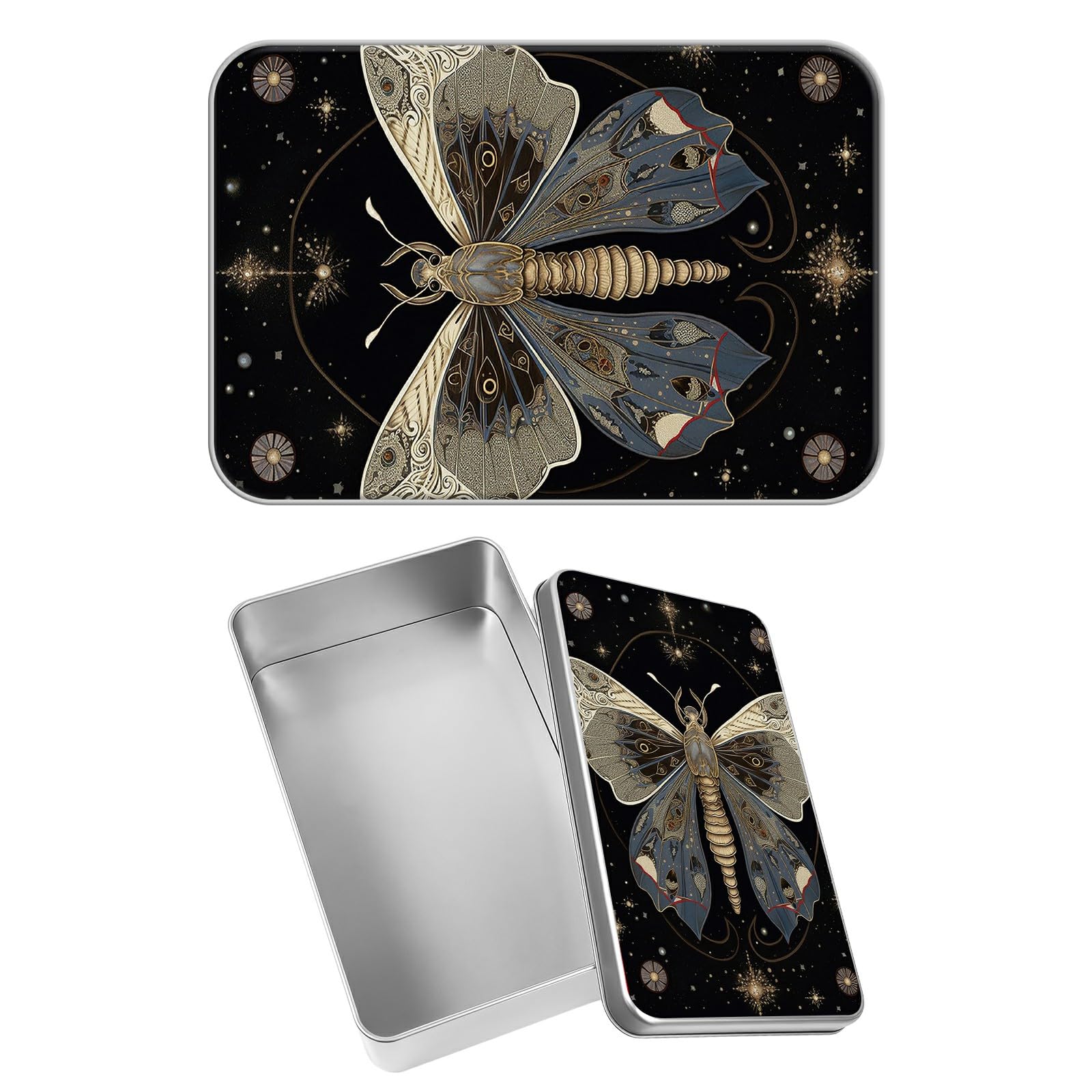 Rectangular Metal Tin Box with Removable Lid, Moth Decorative Printed Metal Storage Container for Sweets Jewelry Tea Candies Cakes 7 x 4.33 x 2.17 inch– Single Pack