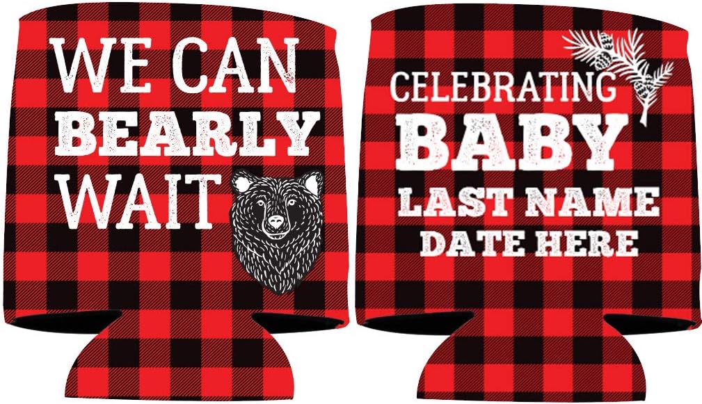 VictoryStore Custom Baby Shower Can Coolers – “We Can Bearly Wait” Buffalo Plaid Design – Set of 12 Personalized Lumberjack-Themed Coolies – Fits 12 oz Cans & Bottles