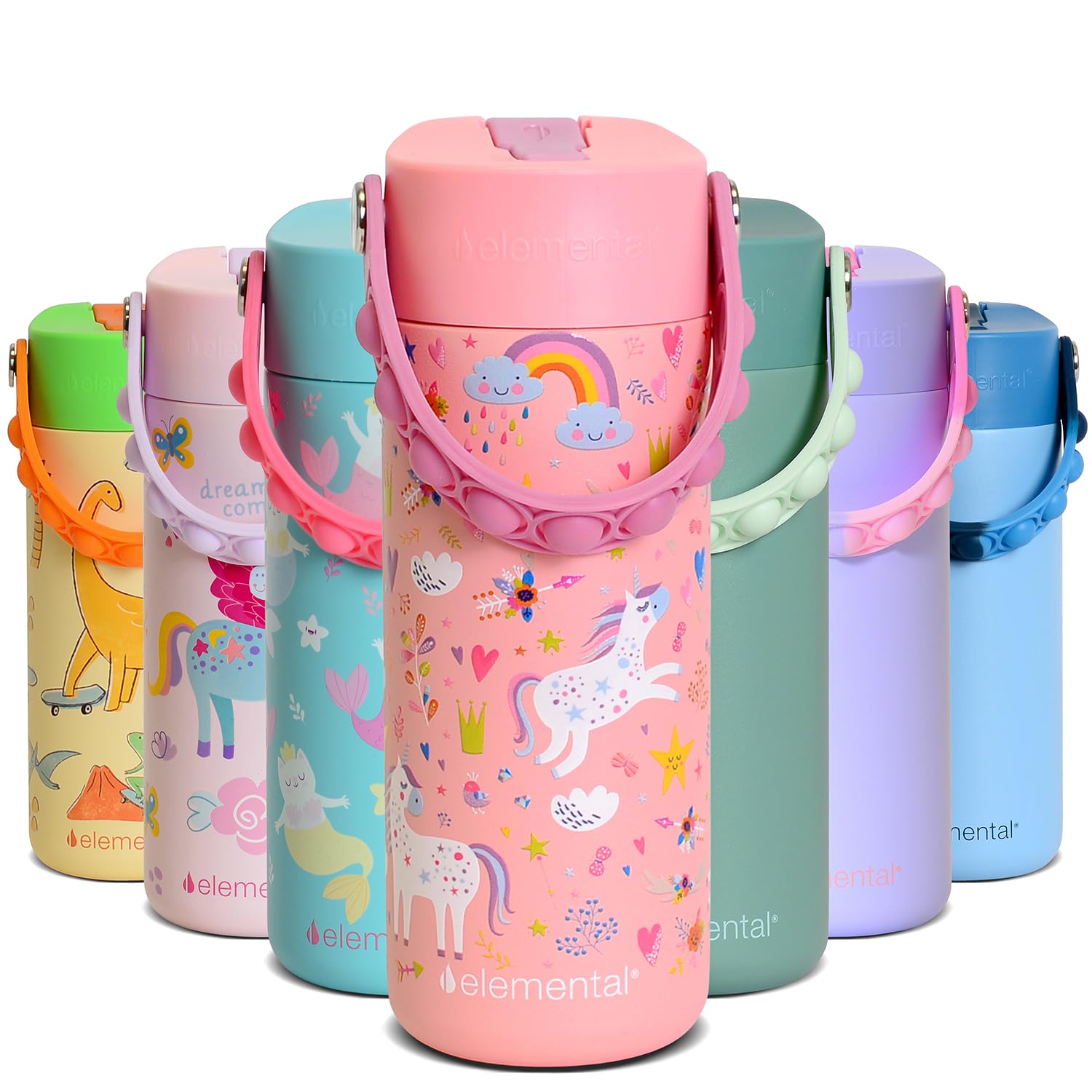 Elemental Insulated Kids Water Bottle, Stainless Steel Water Bottle with Straw Lid & Pop-It Handle, Leak-Proof Water Bottles for School, Boys or Girls