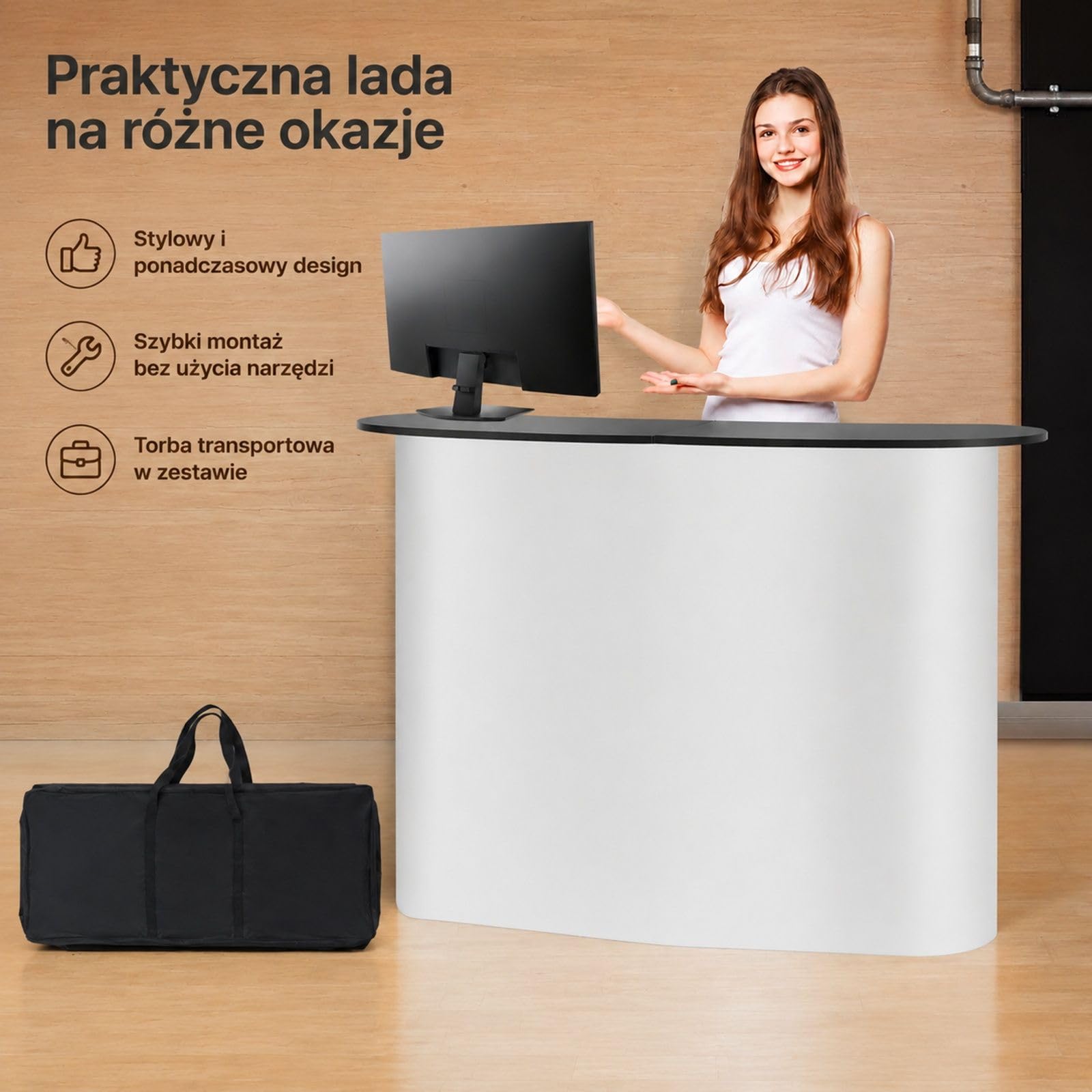 Przenośna lada targowa z czarnym blatem, białą płytą PCV, półką, zapięciem na rzep i torbą do ekspozycji handlowej