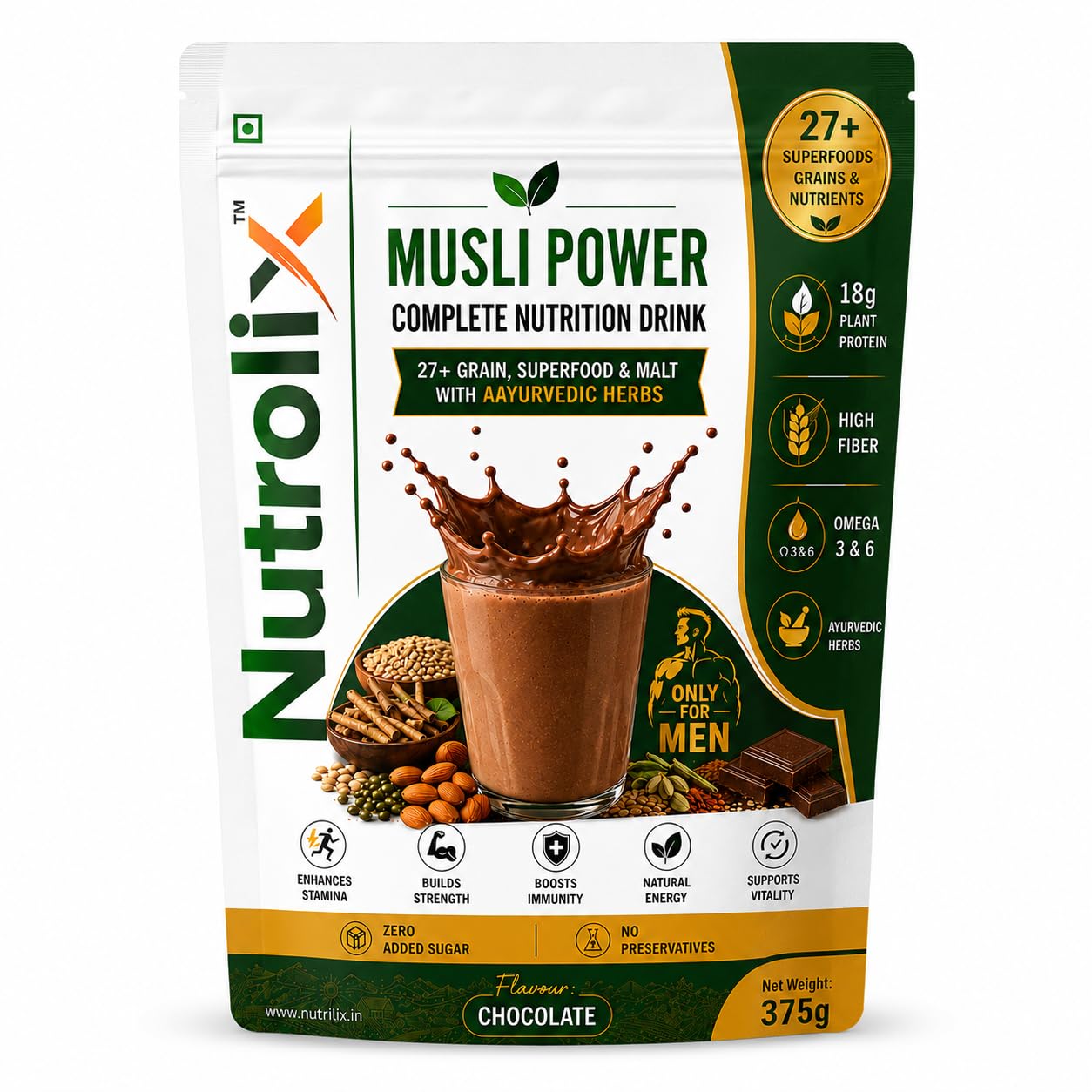 Nutrolix Musli Power Complete Nutrition Drink | 27+ Superfoods, Grains & Malt with Ayurvedic Herbs | 18g Plant Protein | High Fibre | Chocolate Nutrition Powder | No Added Sugar | 375g-image-16