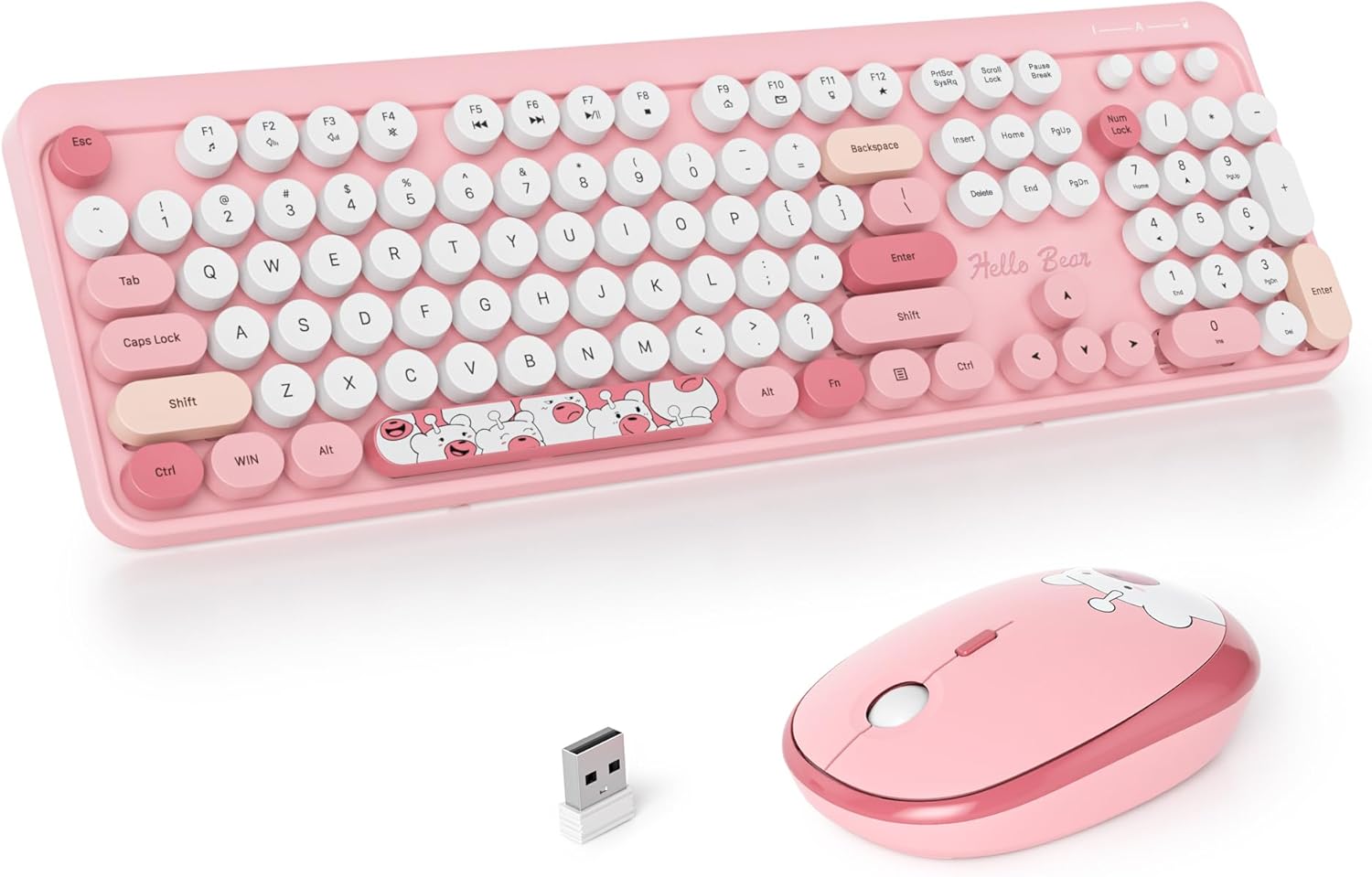 Wireless Typewriter Keyboard and Mouse Combo Retro 104 Key Full Size Office Set Pink Keyboard with Silent Round Keycaps, Ideal for Laptop and Desktop PCs, Cute Design (Pink)