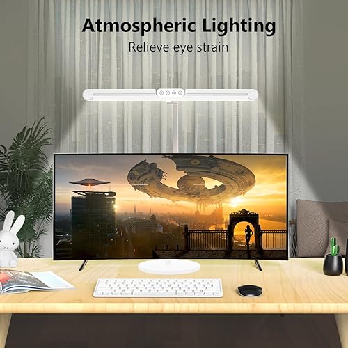 Miniatura 3 de Micomlan Lámpara de escritorio LED con iluminación atmosférica, lámpara de escritorio alta giratoria para oficina en casa con brazo oscilante,