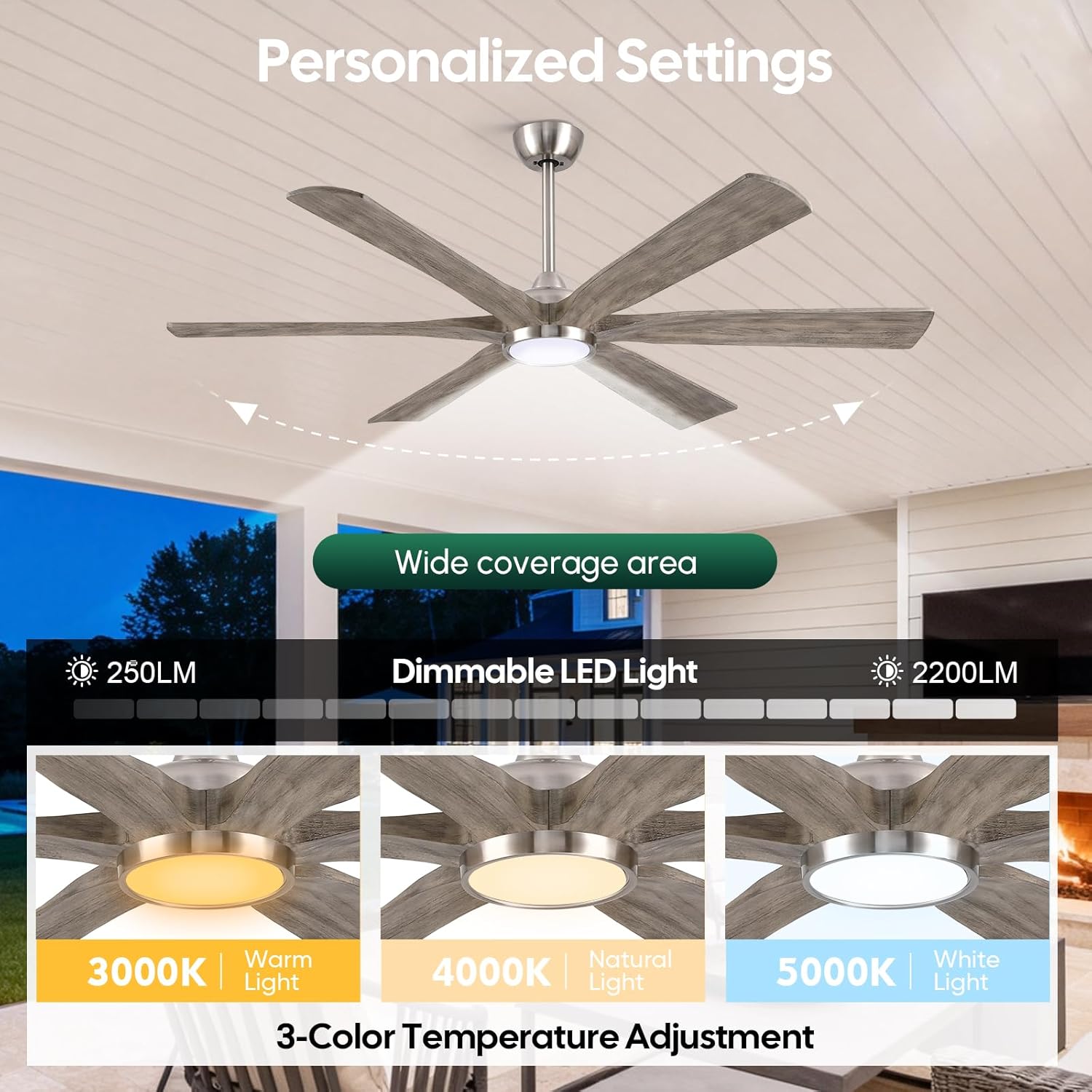 72'' Ceiling Fans with Lights and Remote, Indoor Outdoor Ceiling Fan for Patios, 6 Gray Wood Blades,Rustic Farmhouse Large Airflow Quiet/DC Motor/Energy Efficient/Dimmable