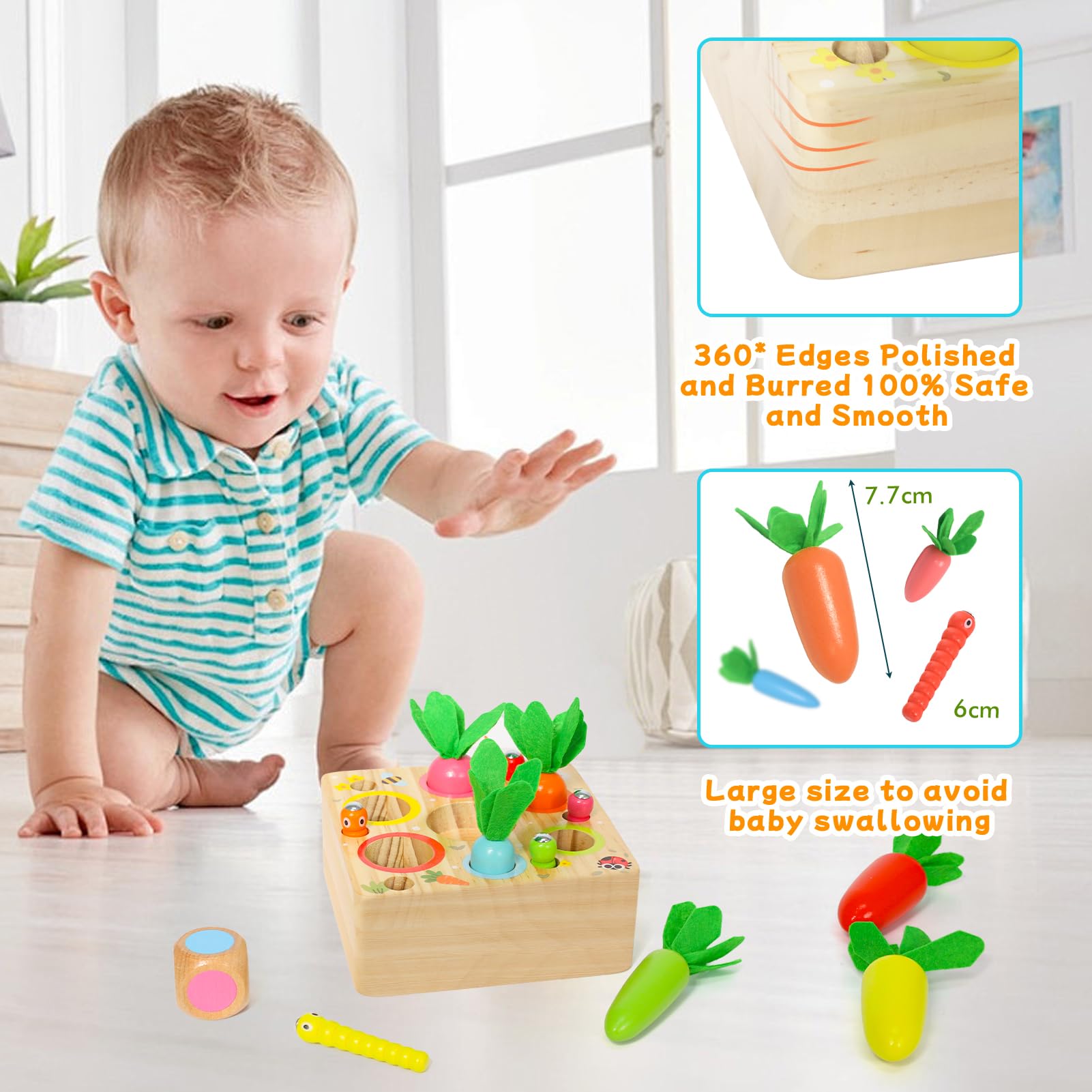 Baby Montessori Toys for 1 year old, Wooden Carrots Harvest Magnetic Sorting Pop Up Toys Baby Sensory Toy for 12 Months - Image 3