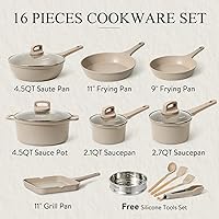 Vista 2 de CAROTE Juego de ollas y sartenes antiadherentes de inducción, juego de utensilios de cocina de 16 piezas, apilables, granito gris pardo