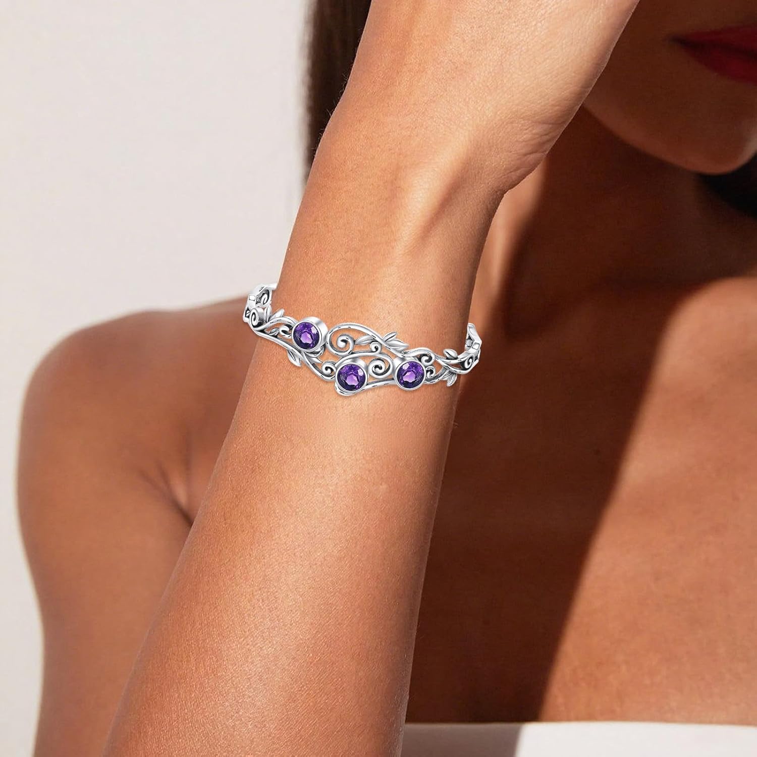 Three Amethysts Vine Cuff Bracelet Sterling Silver Adjustable Bohemian Bangle, February Birthstone Gift for Her Purple Crystal Healing Jewelry