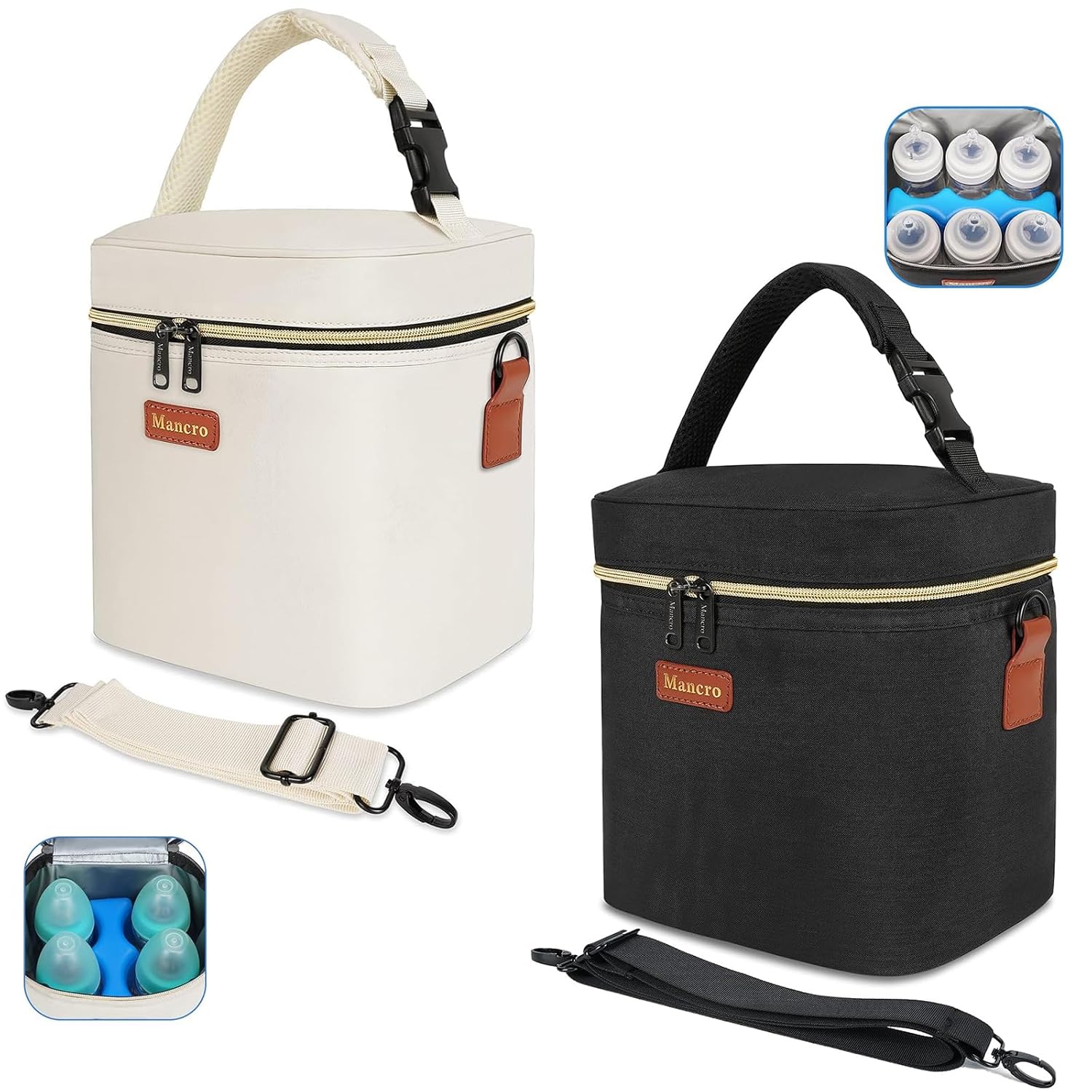Mancro Insulated Breastmilk Cooler Bag with Ice Pack,Fits Baby Bottles Up to 9 Ounce,Insulation Breast Milk Cooler Travel, Cream&Black