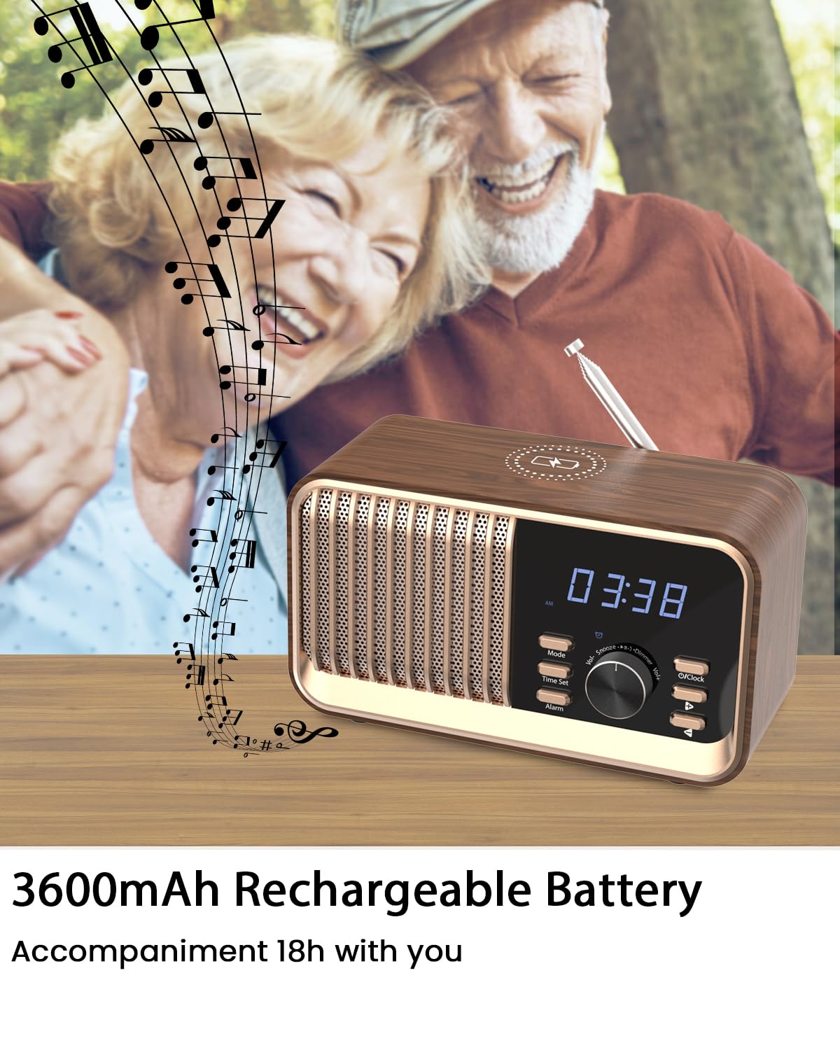 MONODEAL Radio despertador con función de carga, radio FM con altavoz Bluetooth (8 W), función de repetición, puerto USB, ranura para tarjeta TF, función de atenuación para el dormitorio