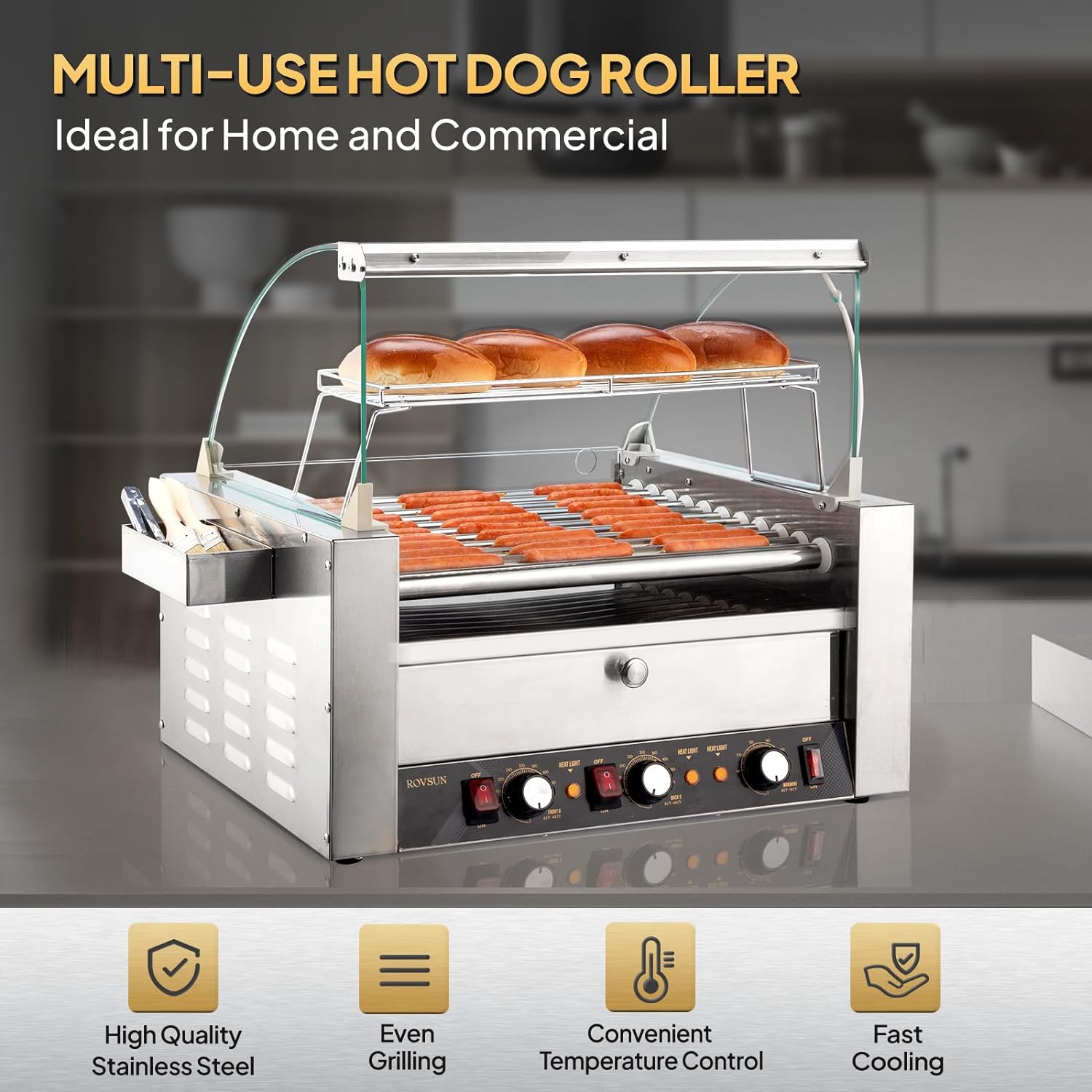 ROVSUN 30 Hot Dog 11 Roller, Hot Dog Roller Warmer Grill Cooker Machine w/Bun Warmer, Cover, Dual Temp Control, LED Light, Removable Shelf & Drip Tray for Party Home Commercial 2000W ETL Certified