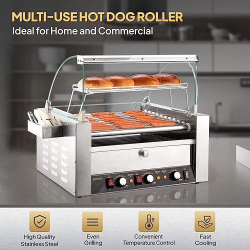 Miniatura 6 de ROVSUN 30 Hot Dog 11 rodillos, calentador de rodillos para perros calientes con calentador de bollos, cubierta, control de temperatura doble, luz