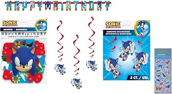 Sonic Birthday Party Supplies Bundle includes 1 Happy Birthday Paper Banner 6.25ft, 3 Hanging Swirl Decorations, 1 Dinosaur Sticker Sheet