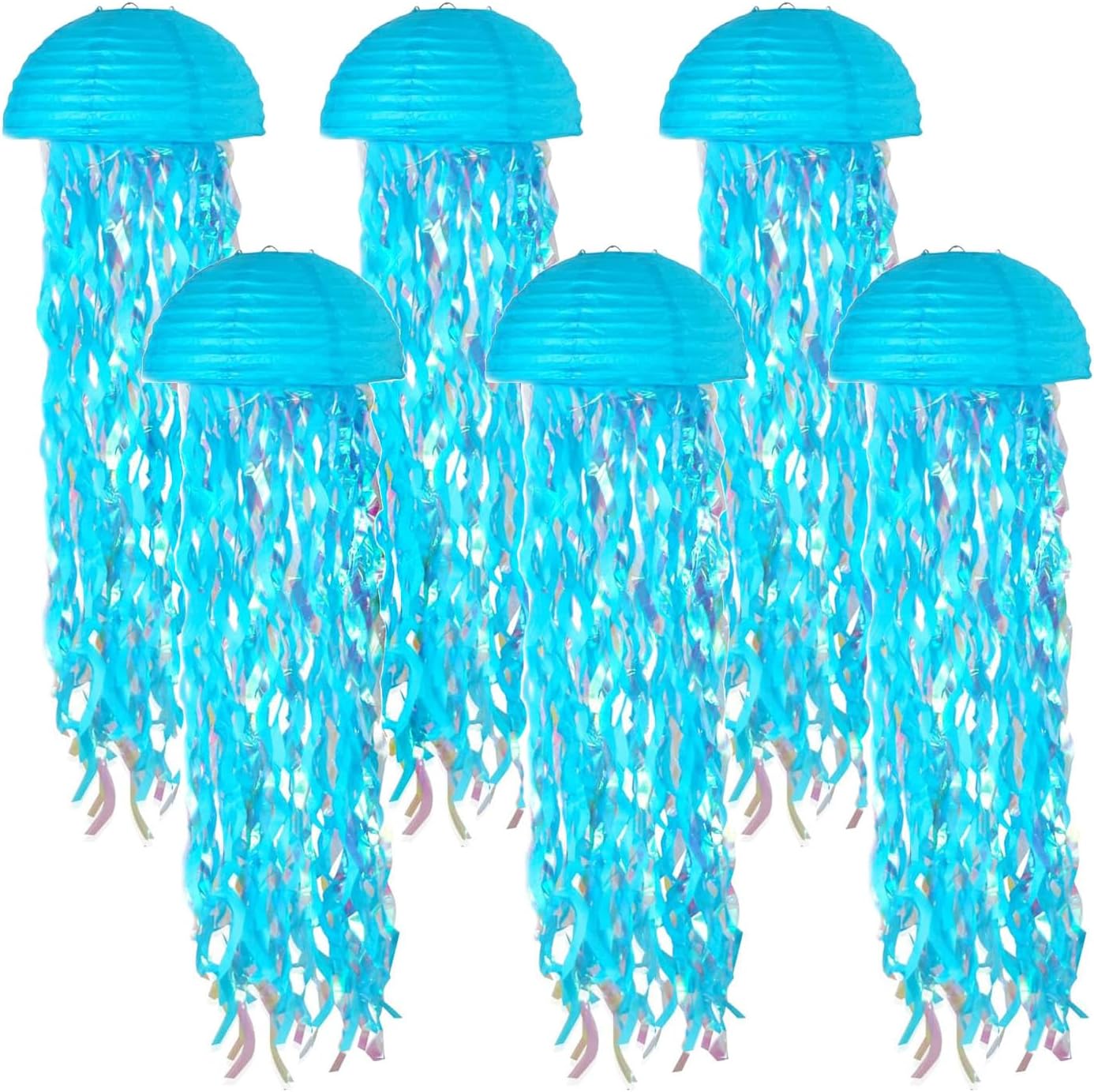 Set of 6 Hanging Jellyfish Paper Lanterns with Crepe Paper and Bubble Garlands, Underwater-Themed Party Decorations (Blue)